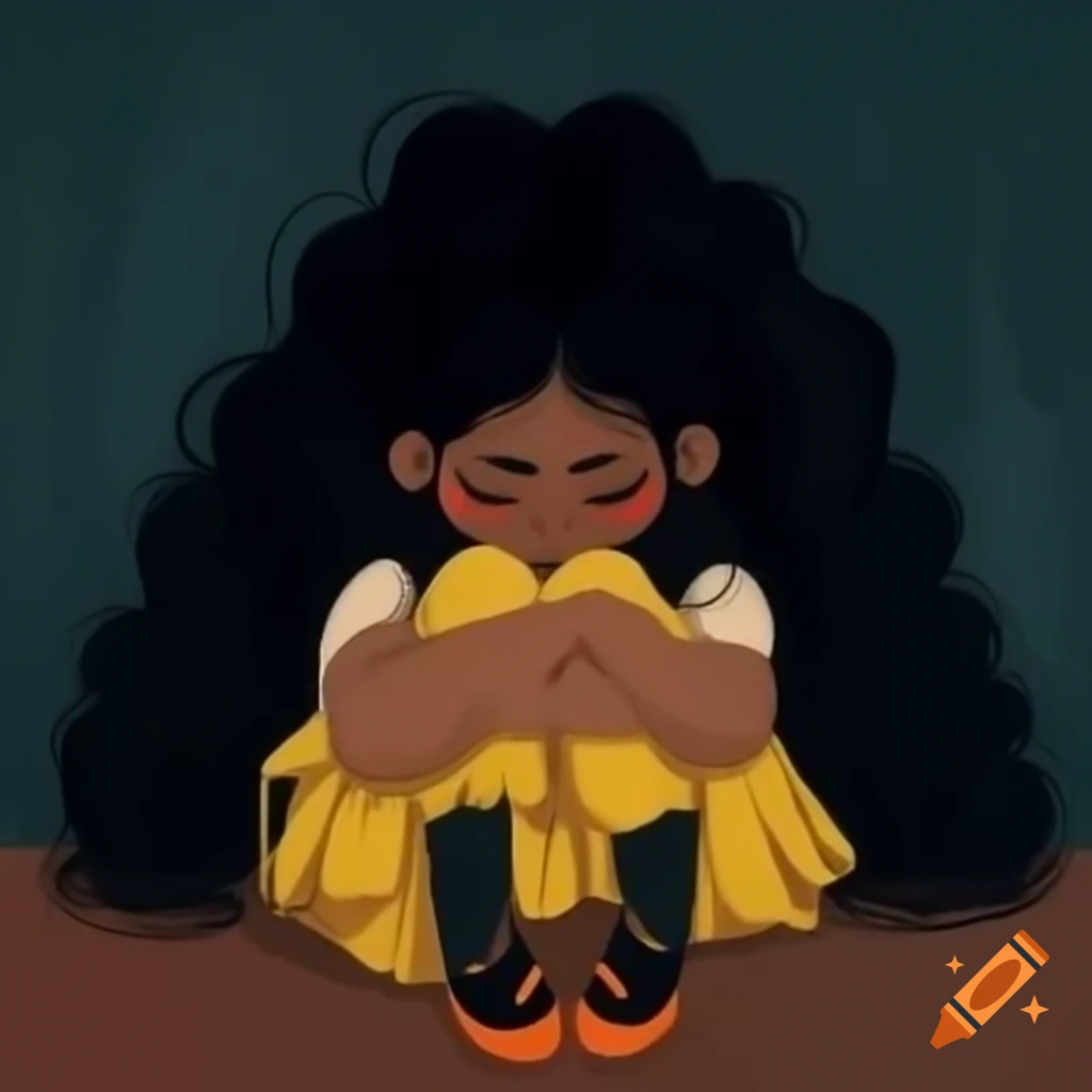 Girl with black curly hair in yellow dress sitting alone in dark room