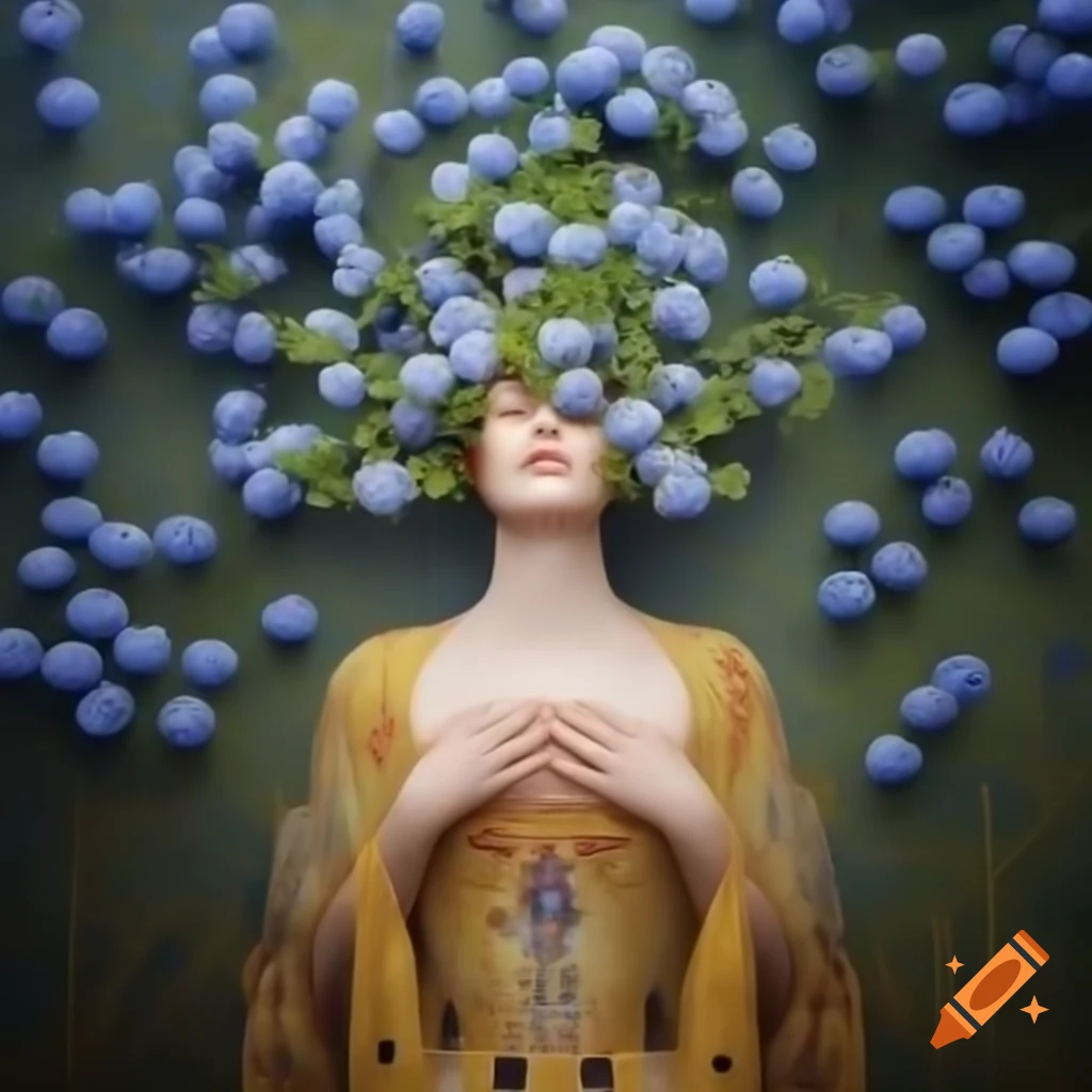 Meditating priestess of love-cult amidst blue gold ebru flowers, inspired by Gustav Klimt