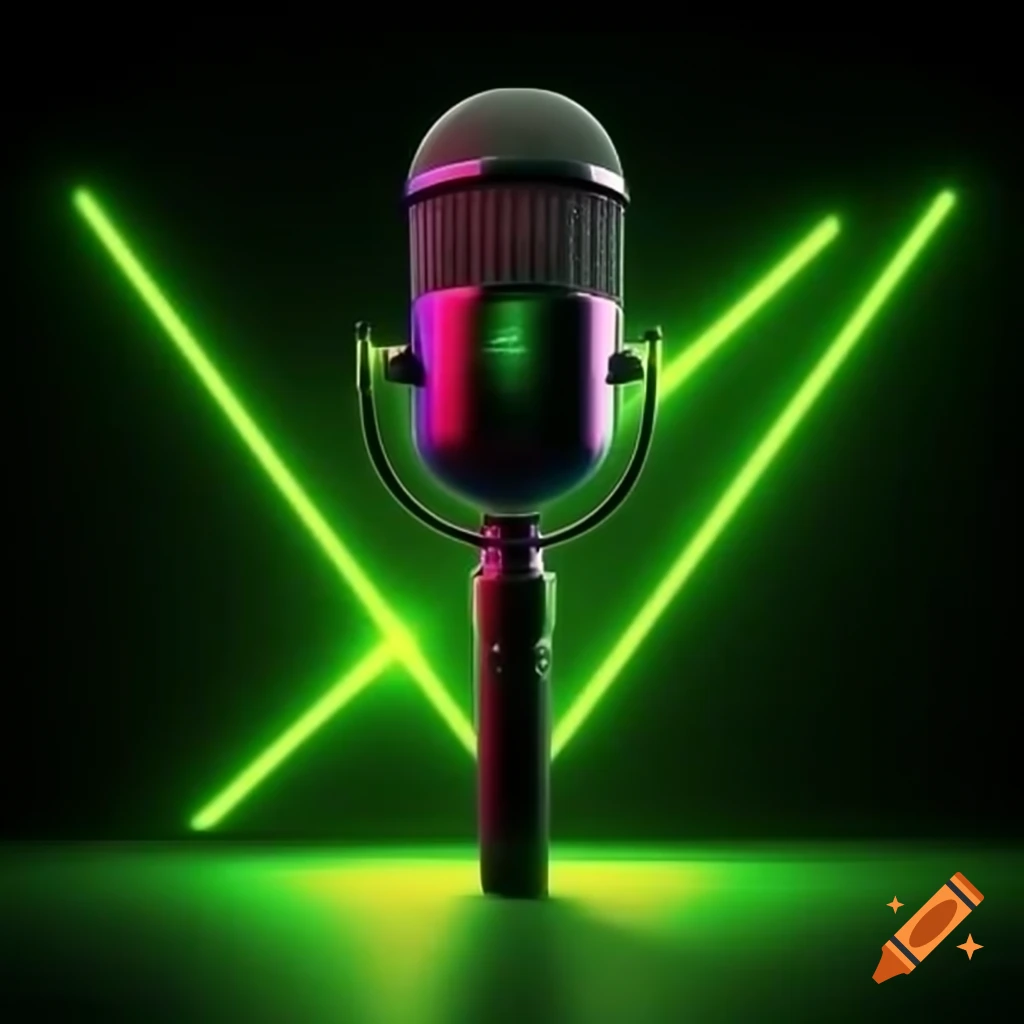 Realistic microphone illuminated with green and yellow neon against black background