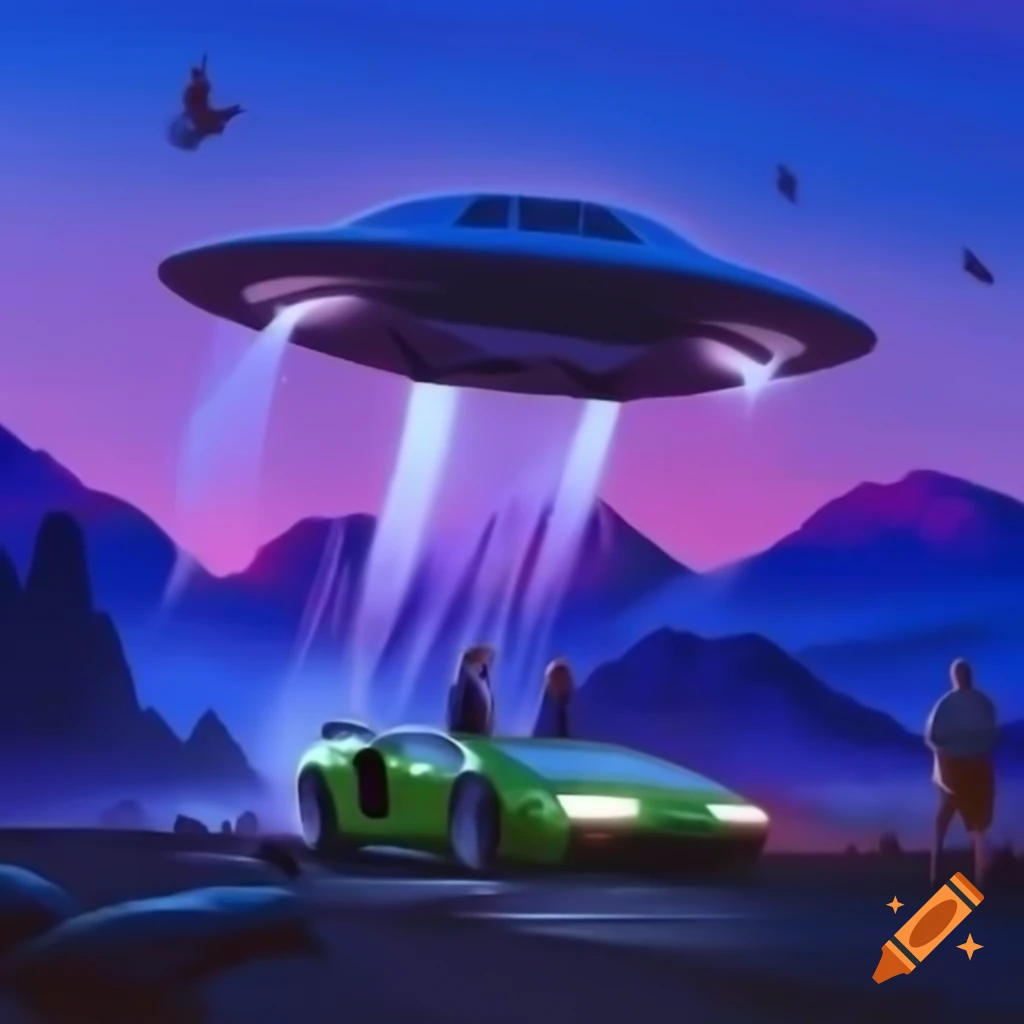 UFO over Lamborghini with mountains, blue dragon, people with superpowers, butterflies, and starry purple sky