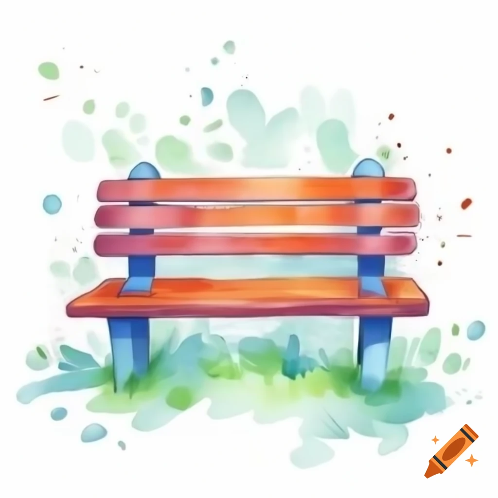 Cartoon-style watercolor bench on white background