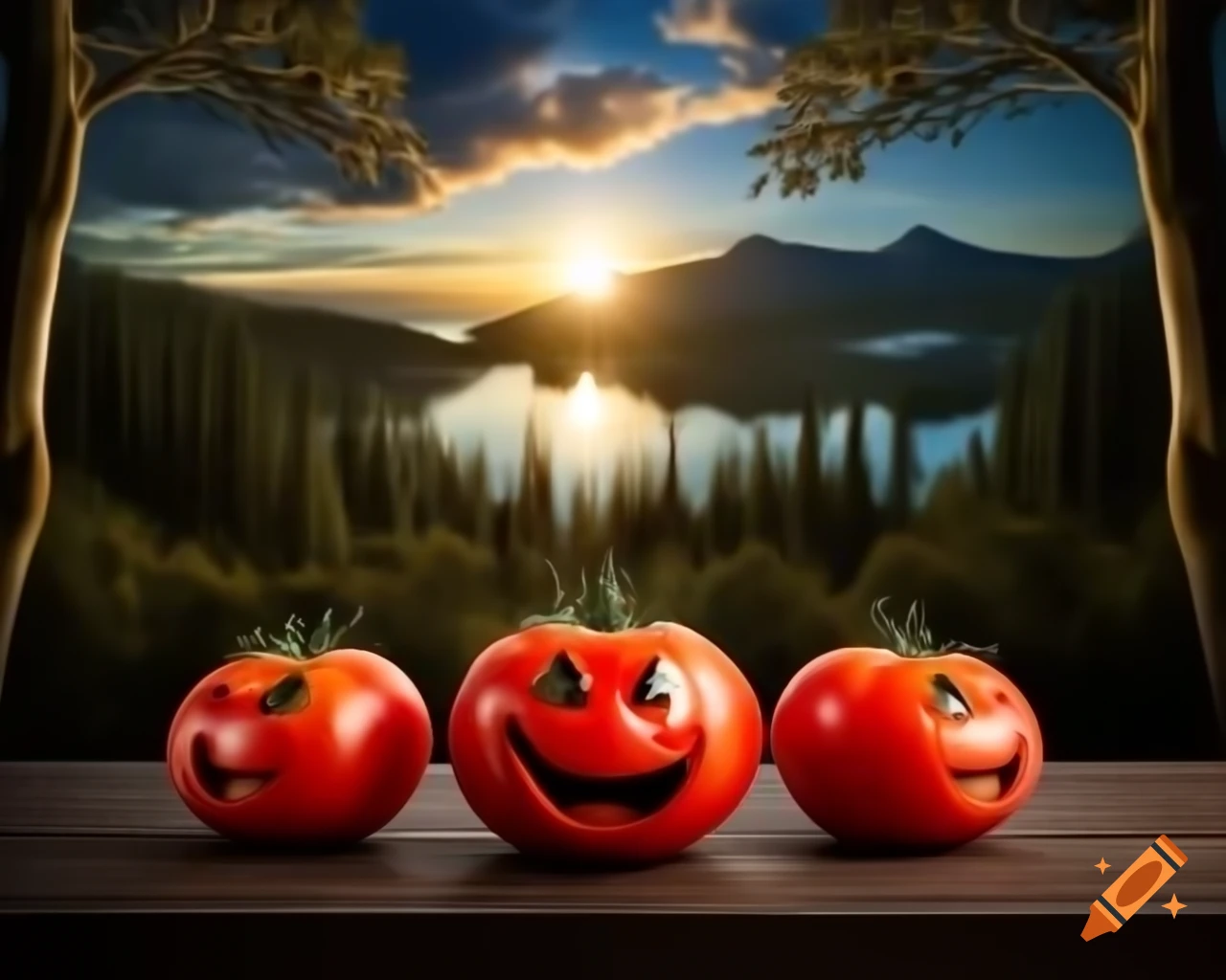 Photorealistic closeup of a human face made of tomatoes, surrounded by tomatoes