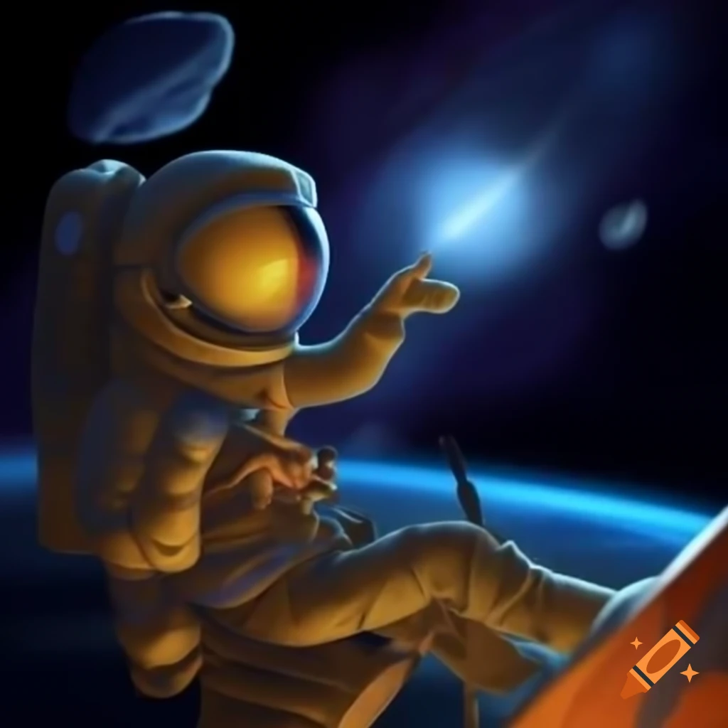 Among Us crewmate sitting against a beautiful space background