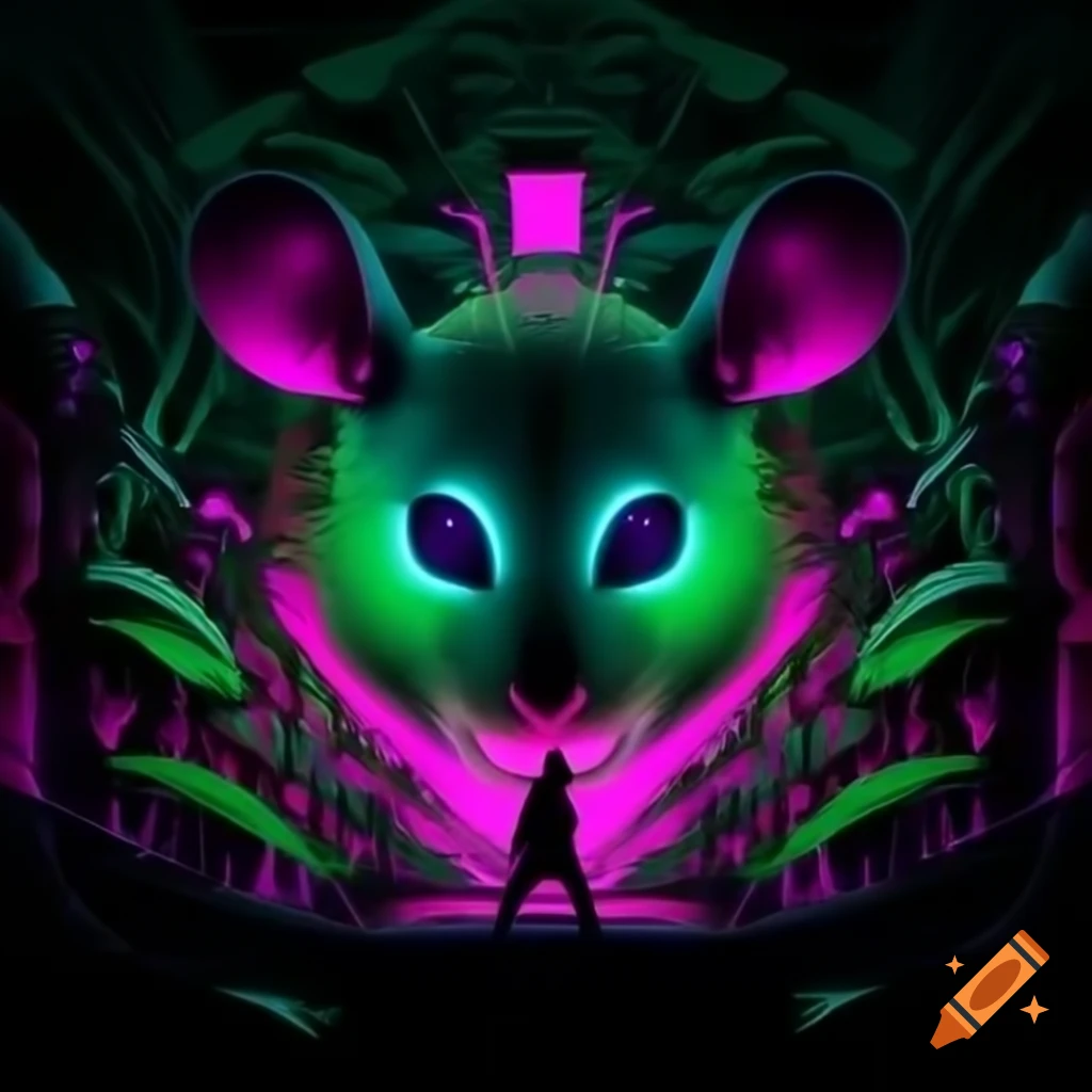 Futuristic album cover design for 'Rat Plant' techno music with vibrant neon colors