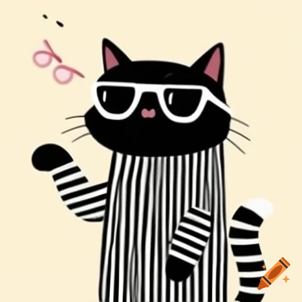 Cartoon of black cat with striped pajamas and sunglasses