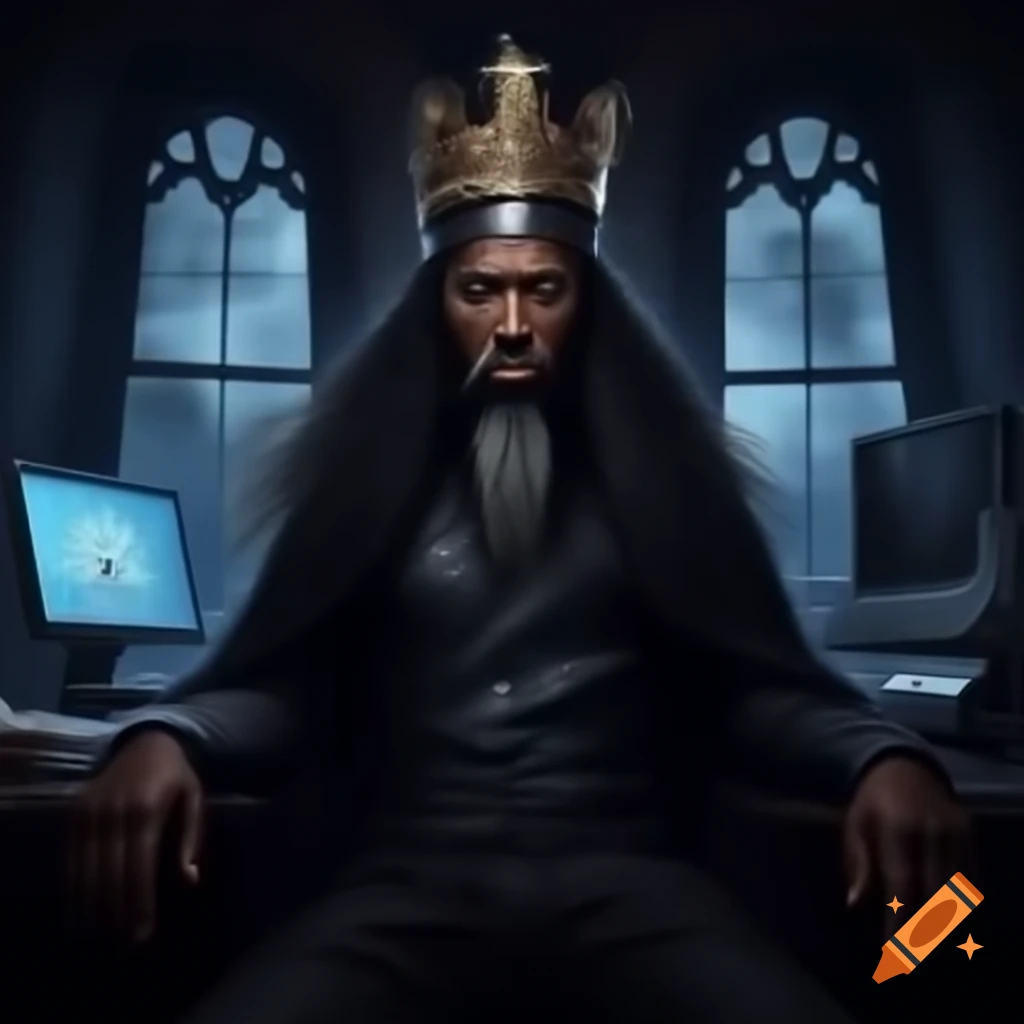 Black Asian man with long hair and crown in luxury clothes sitting in medieval castle room with computer on desk