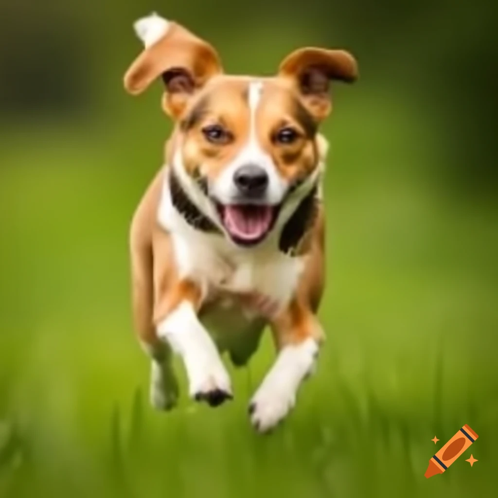Dog running in green meadow portrait