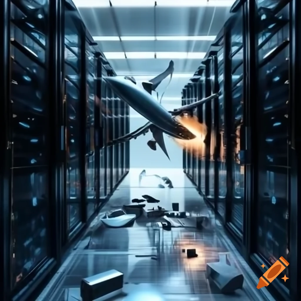 Plane colliding with a giant database server