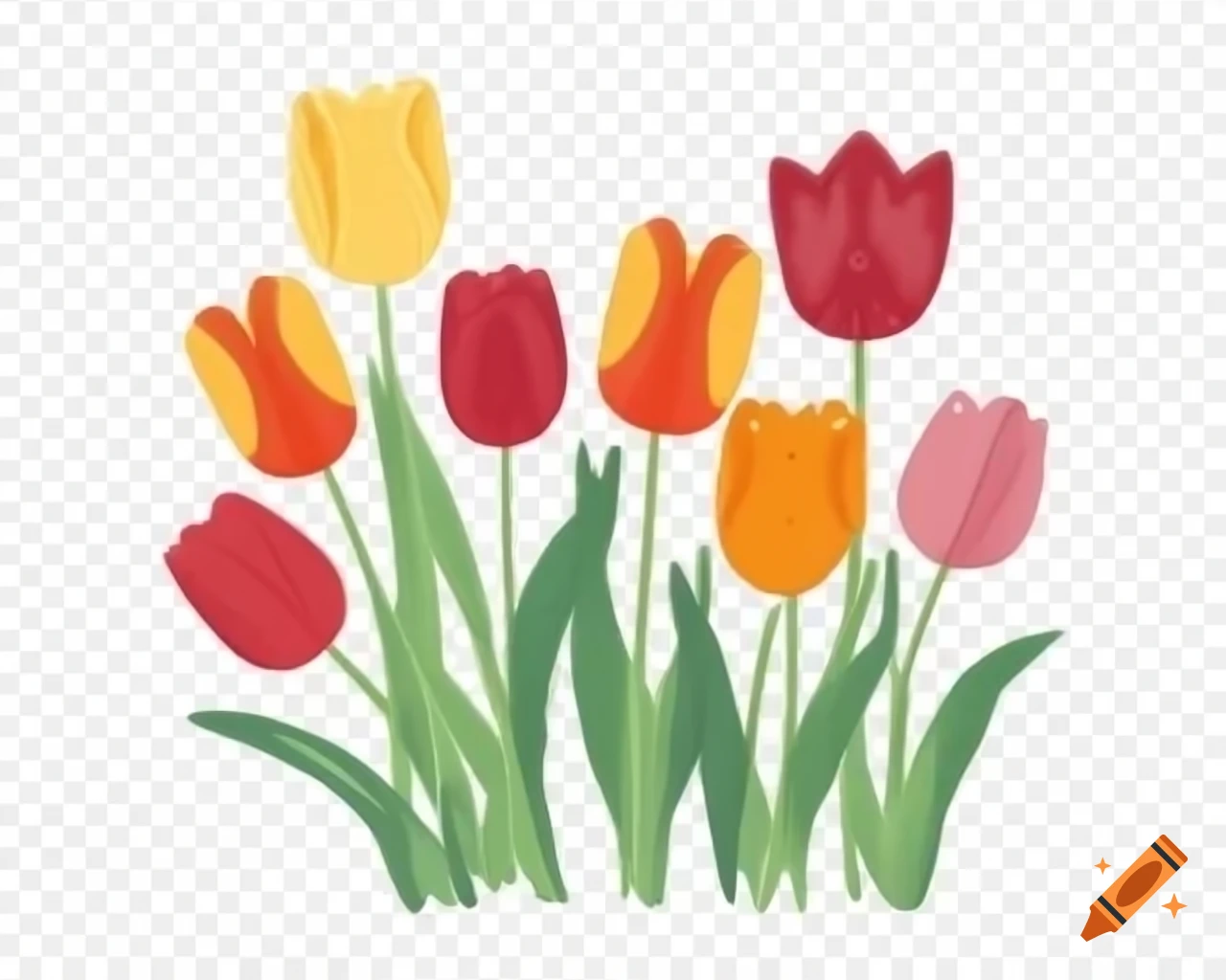 Hundreds of Dutch tulips arranged in line on transparent background