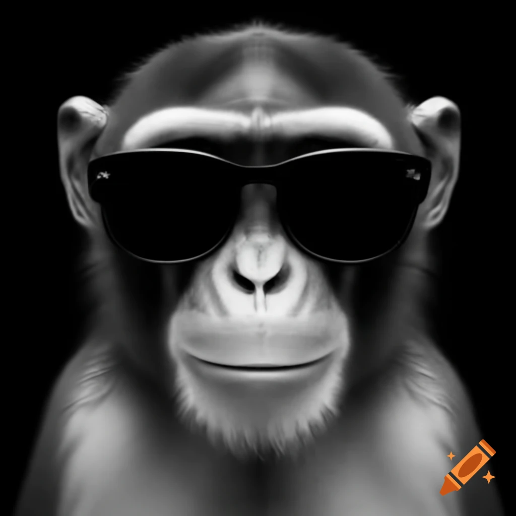 Bald black-and-white monkey with sunglasses and raised eyebrow in minimalistic style