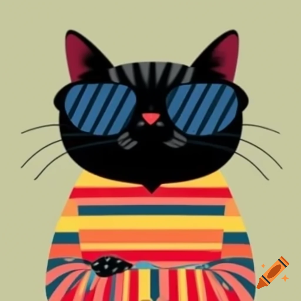 Cartoon art of black cat with pajama stripes and sunglasses
