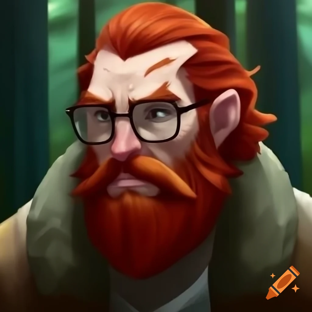 Red-haired man with beard and glasses during forest expedition