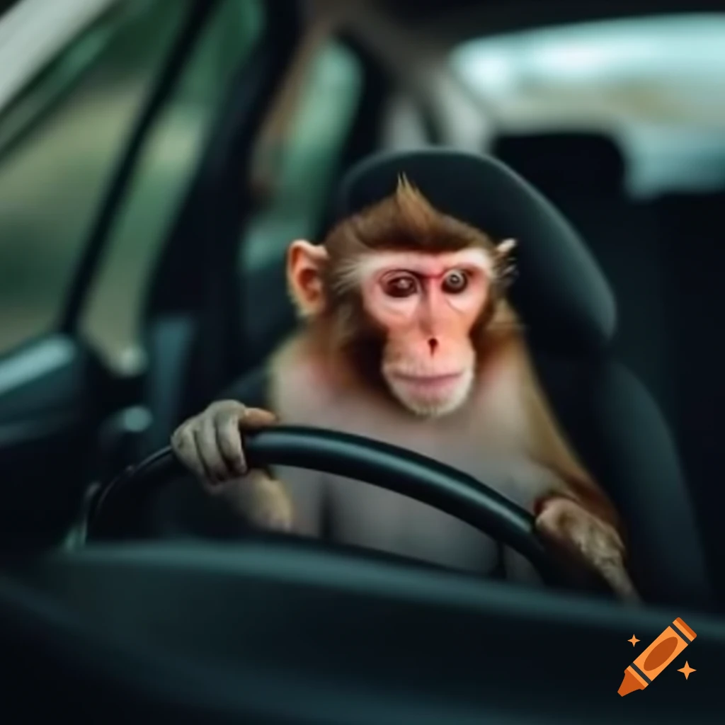 Monkey sitting in a car