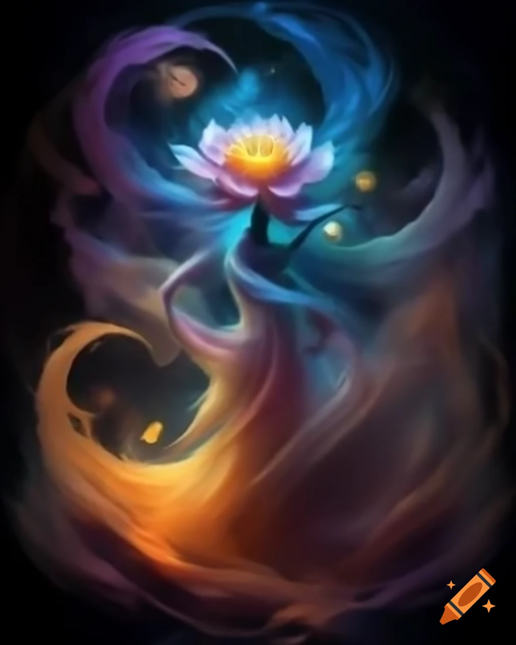 Mystical dance with vibrant shapes transcending dimensions