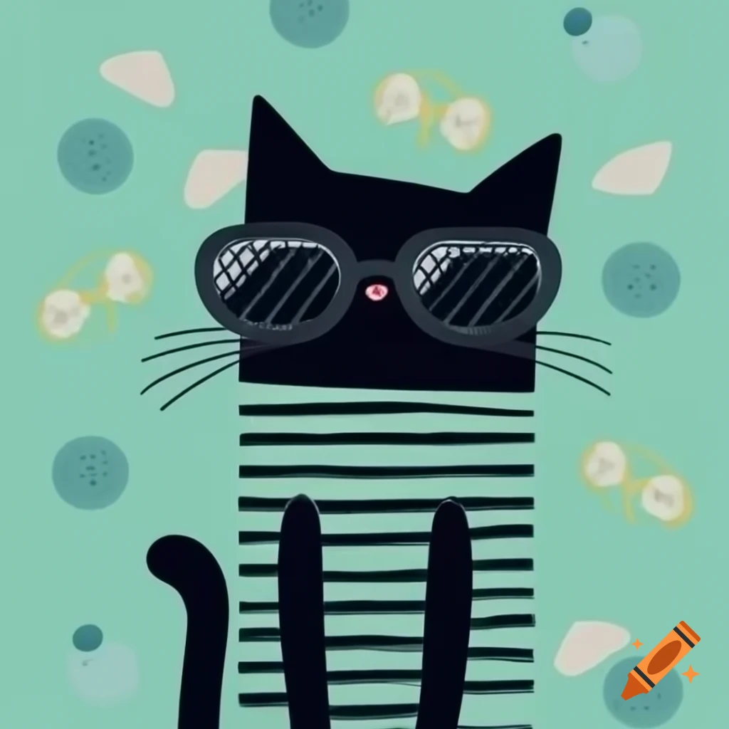 Cartoon art of black cat with pyjama stripes and sunglasses