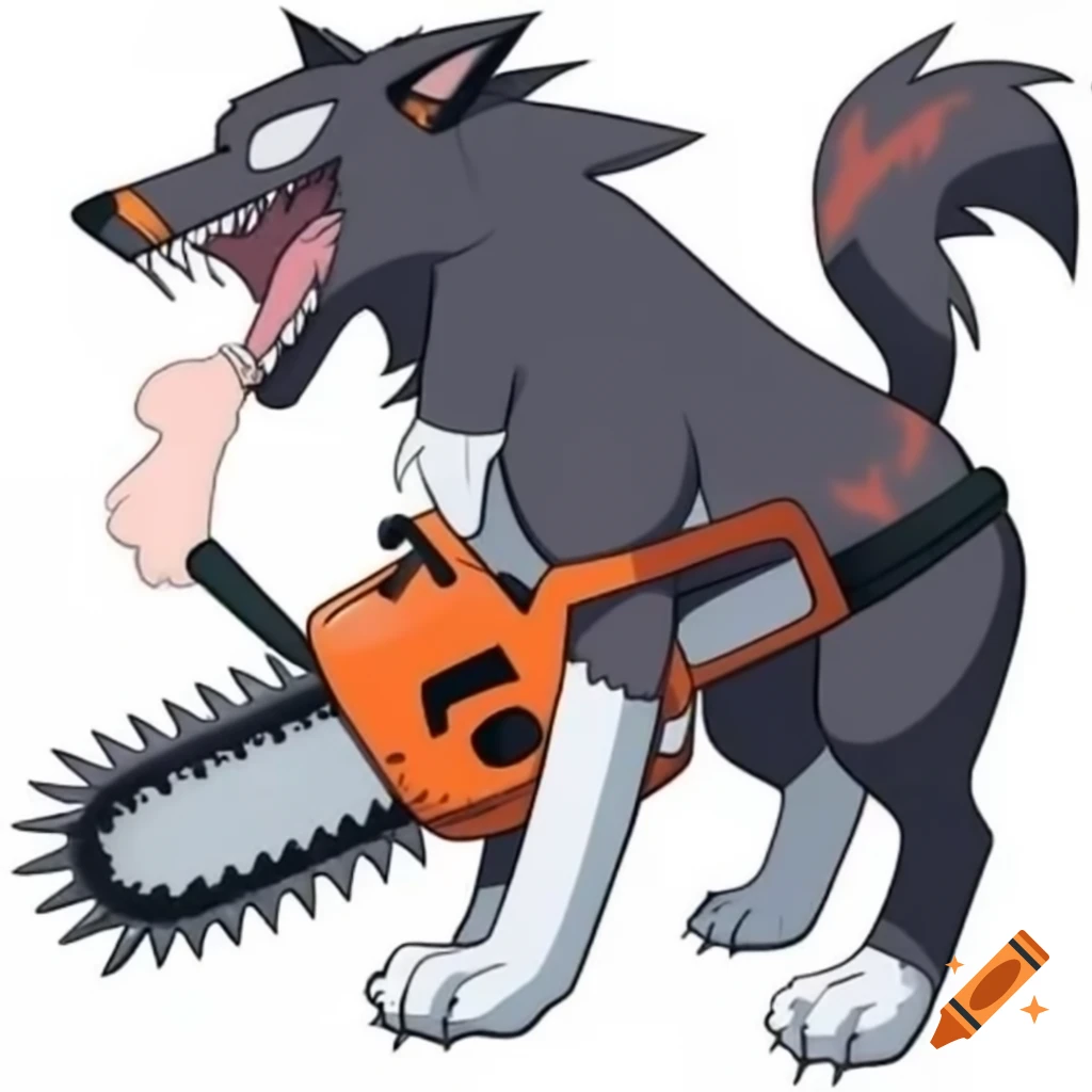 Fierce Husky Pokémon with chainsaw and rifle in Sugimori art style