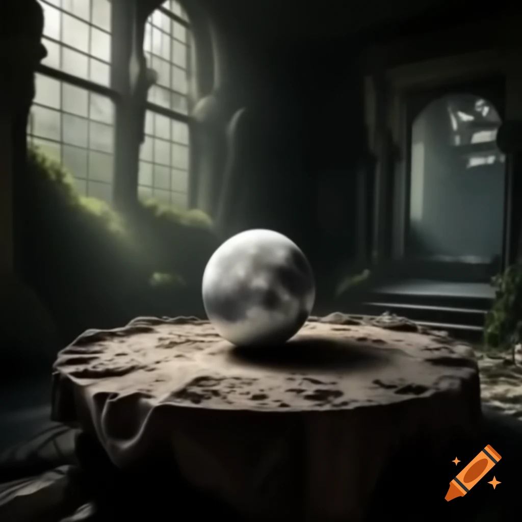 Detailed moon replica on ornate table in overgrown abandoned temple, photorealistic