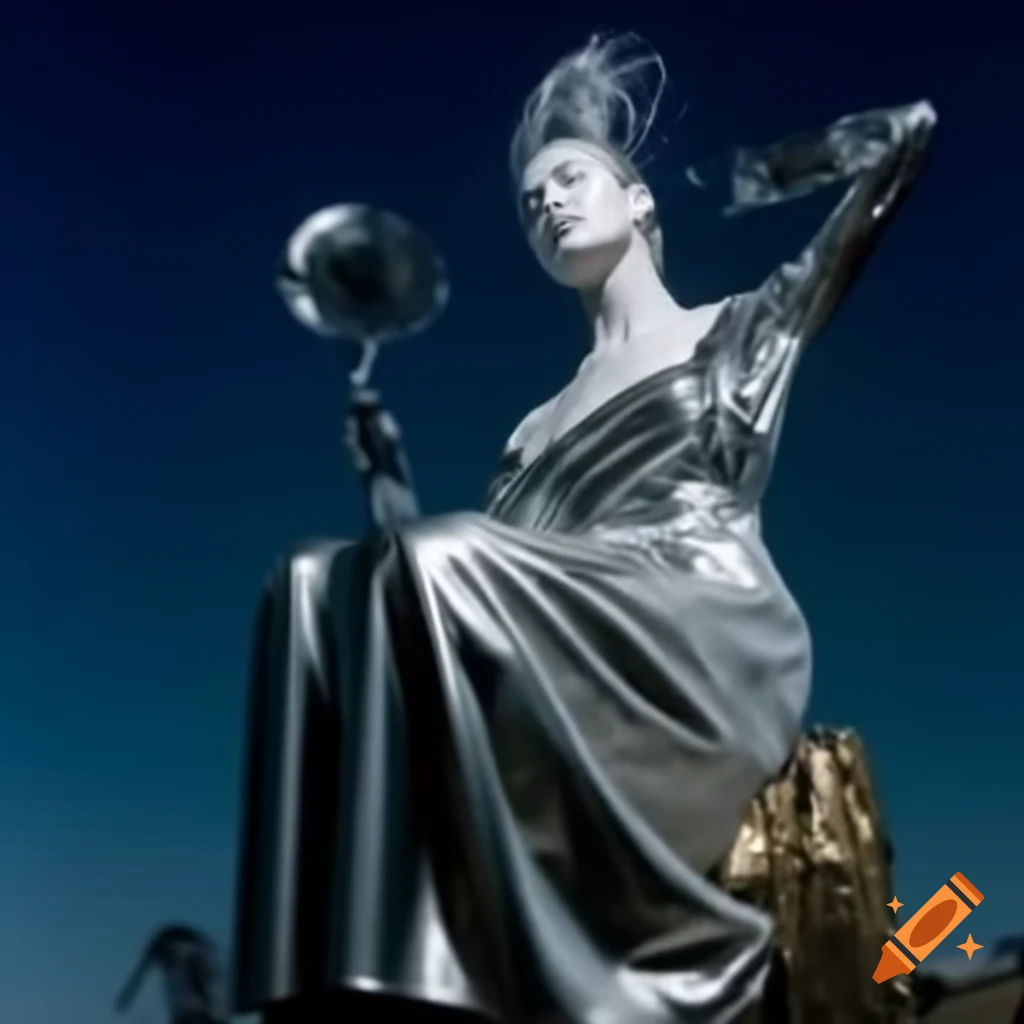 Pop surreal photography featuring a silver statue from the 2000s