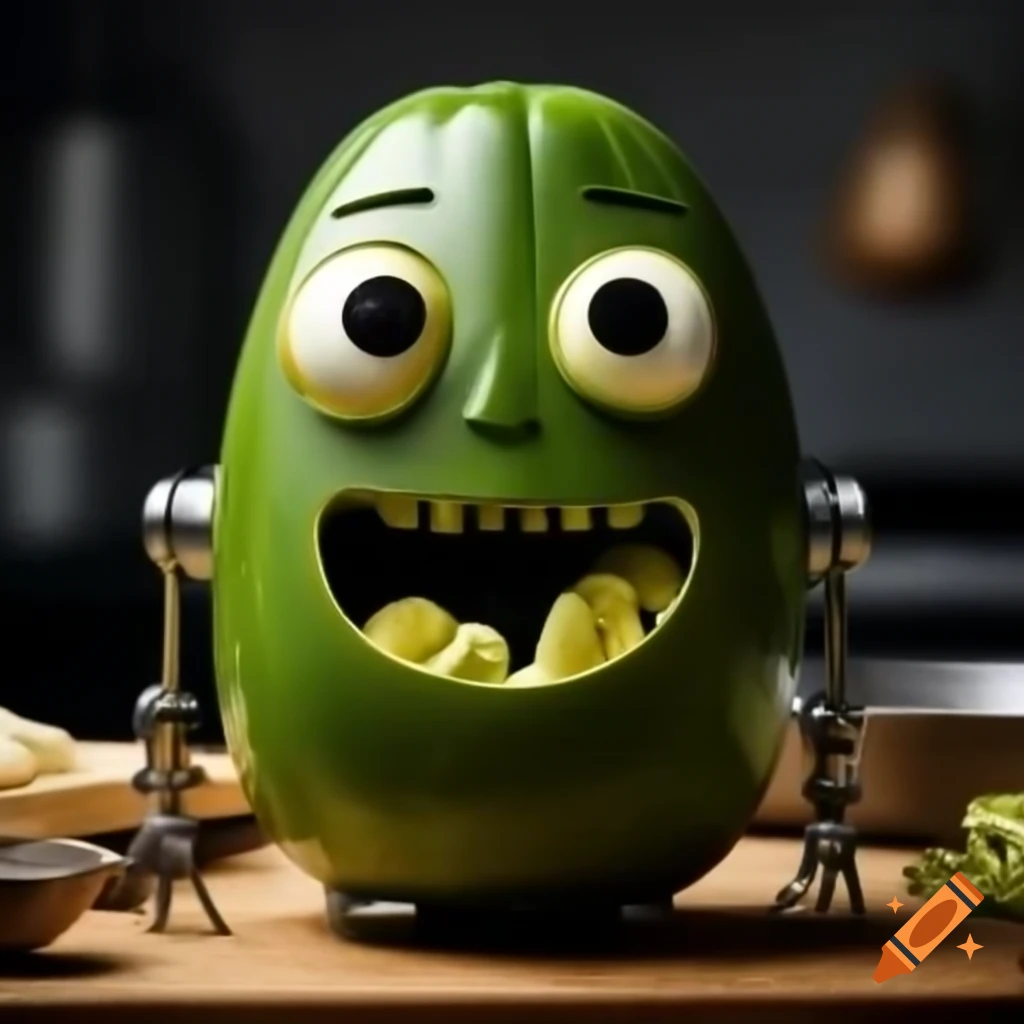 Culinary robot designed like a zucchini for cooking tasks
