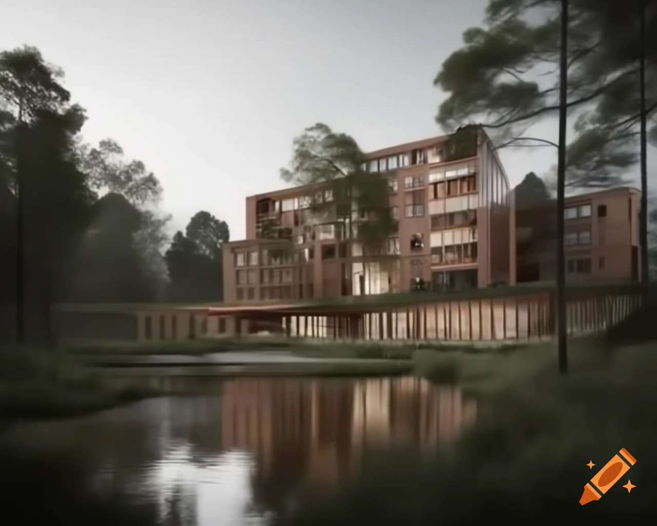 Illustration of a modern urban neighborhood development in Motala between railway and Göta Canal