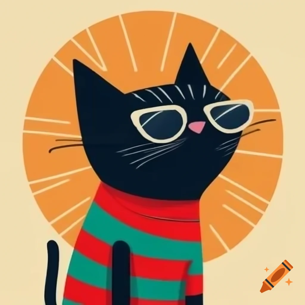 Cartoon art of a black cat with pajama stripes and sunglasses