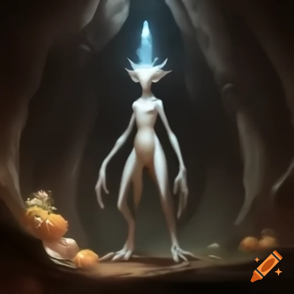 Slender white creature in dark cave with glowing fungi and sparkling minerals