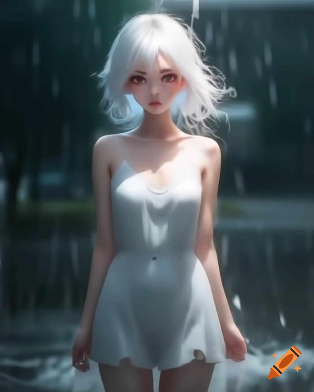 Anime woman with white hair in a white dress on a rainy day, realistic style