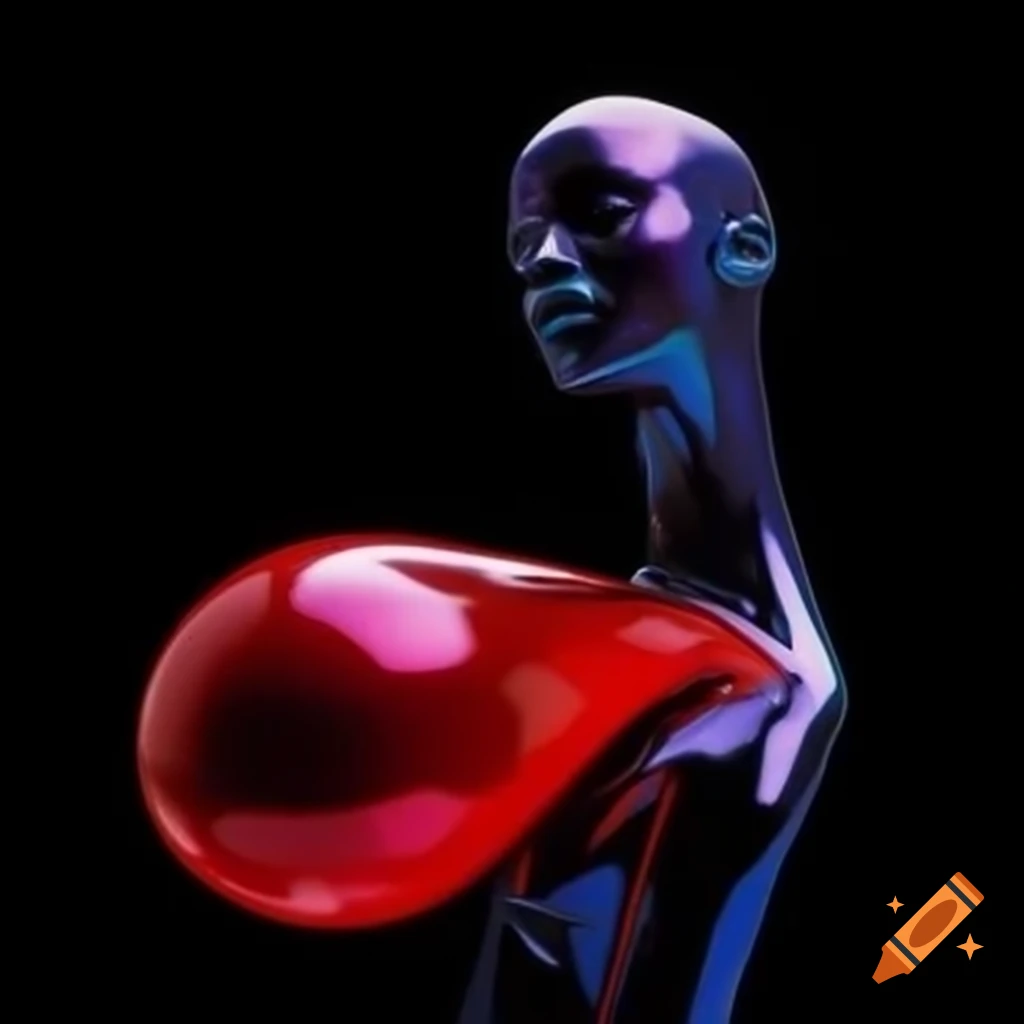 Pop surreal photography featuring iridescent red glass statue