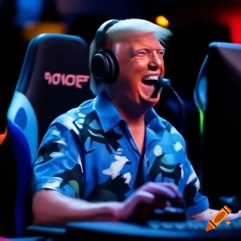 Trump in blue Hawaiian shirt gaming online from pool house in Los Angeles