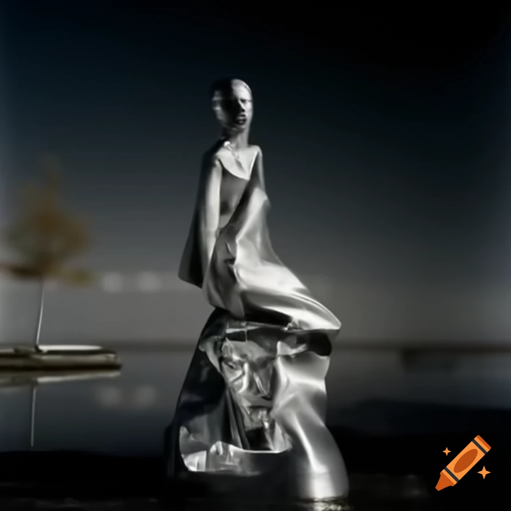 Pop surreal photography featuring a silver statue from the 2000s on craiyon