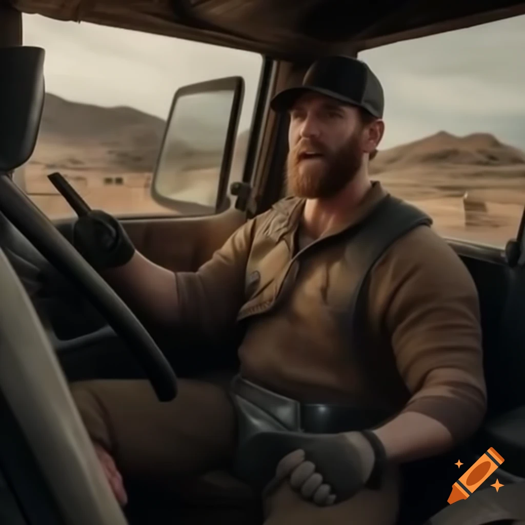 Rugged man in tool belt with truck, rolling sleeves and chewing toothpick