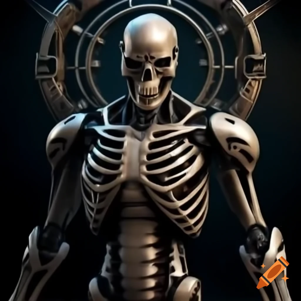 Humanoid automaton with skeletal frame and Nordic runes