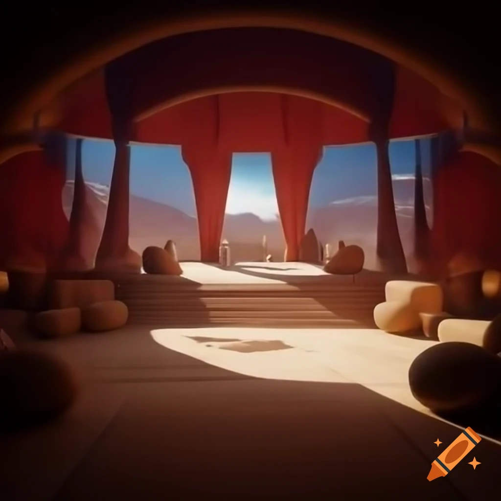 Desert throne room with warm fabrics and cushions, cinematic low angle perspective