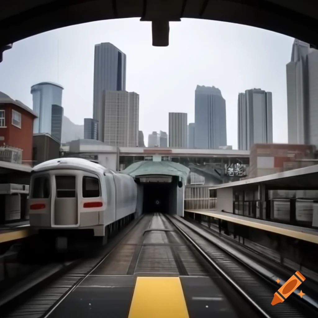 D62A train entering elevated station in winter with skyscrapers in background