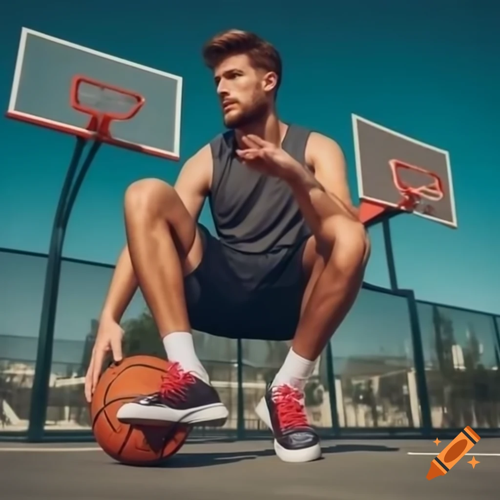 Handsome man playing basketball