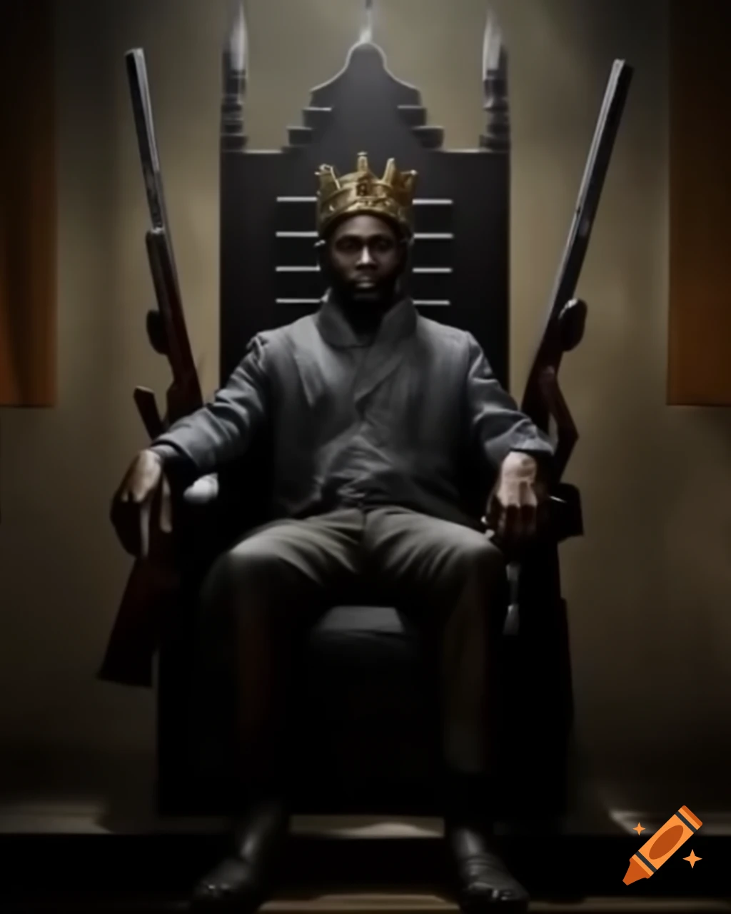 Man wearing crown sitting on throne with shotguns