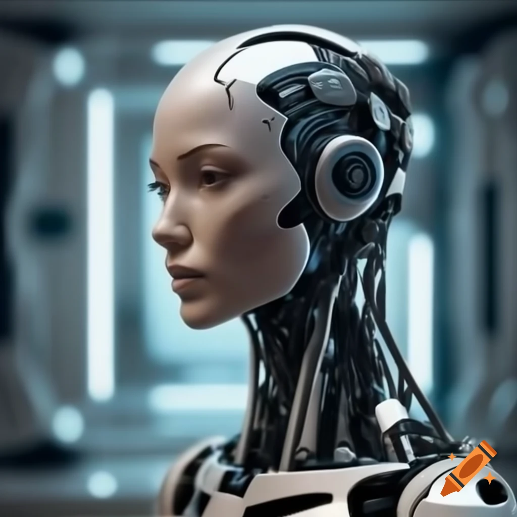 Futuristic minimalistic home with smart technology and humanoid robot