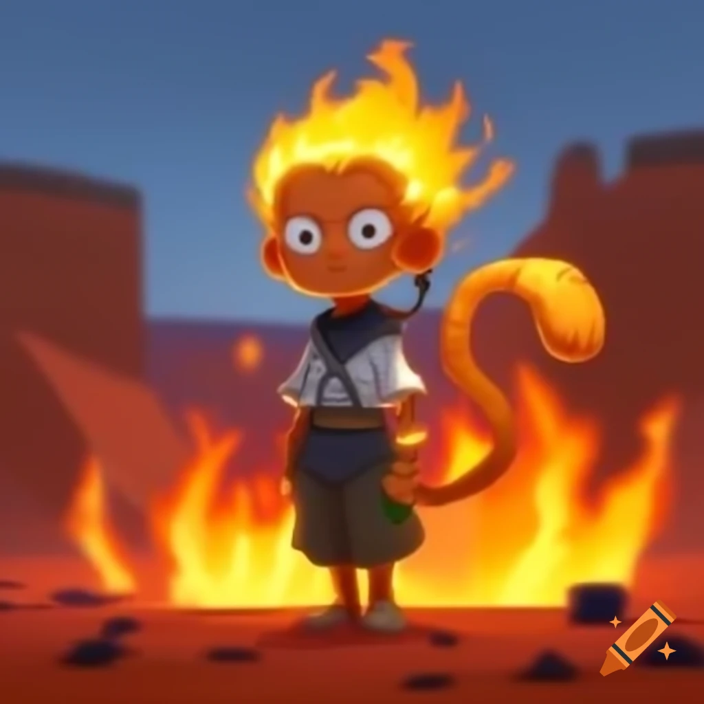 Anime character with blond hair and monkey tail standing in fiery desert