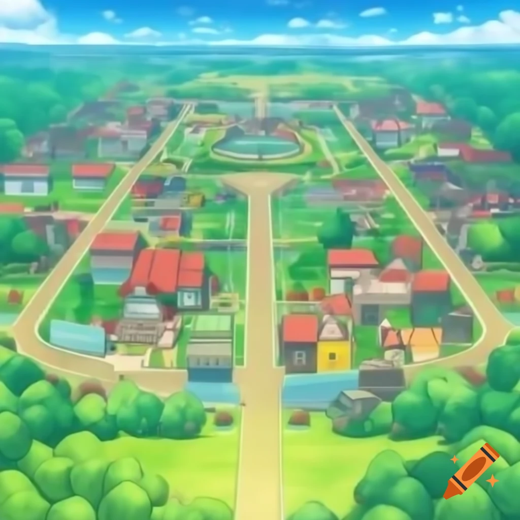 Charming Pokémon town with colorful buildings and vibrant atmosphere