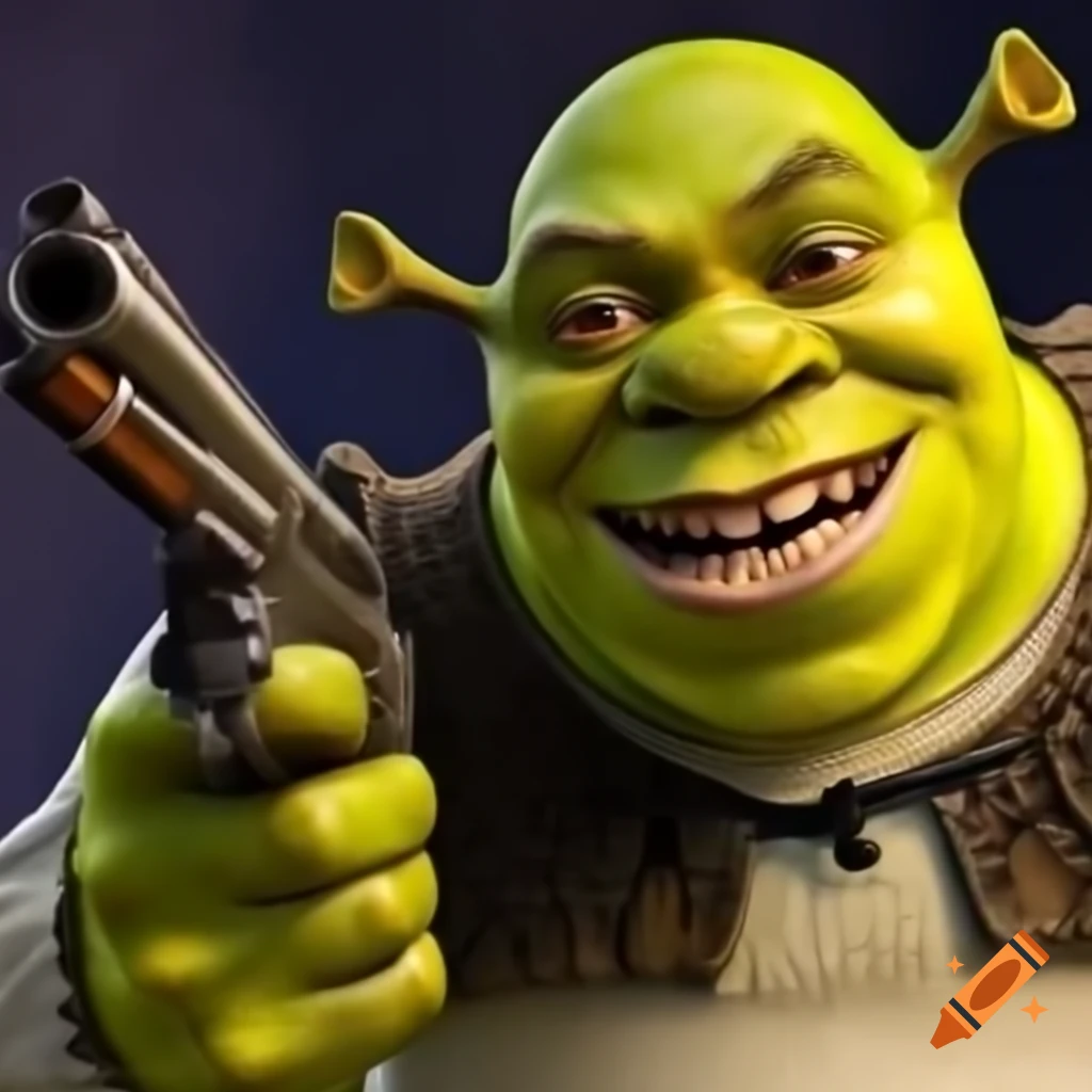 Shrek character holding a gun in a humorous context