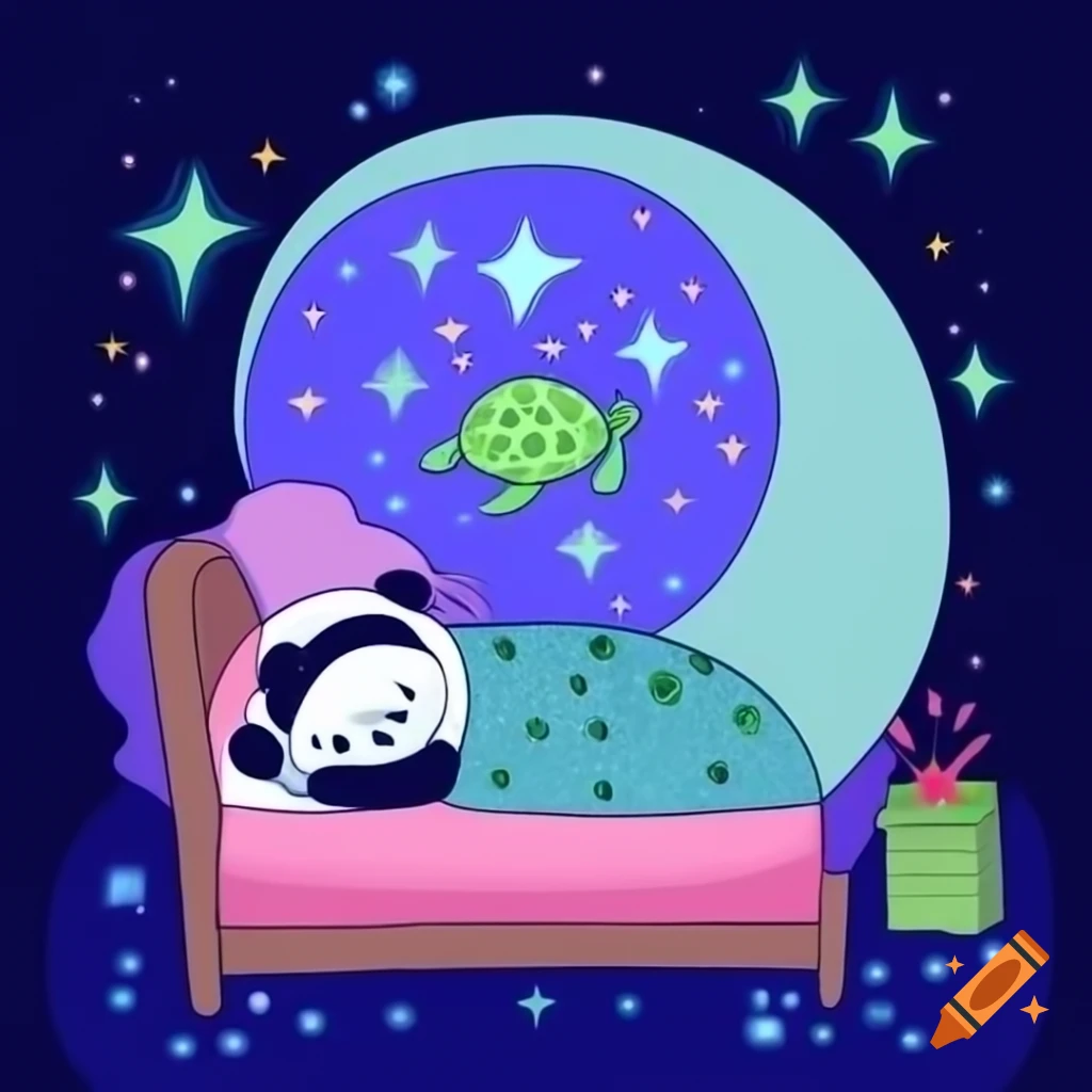 Panda sleeping in bed with whimsical dream world of stars and moonbeams