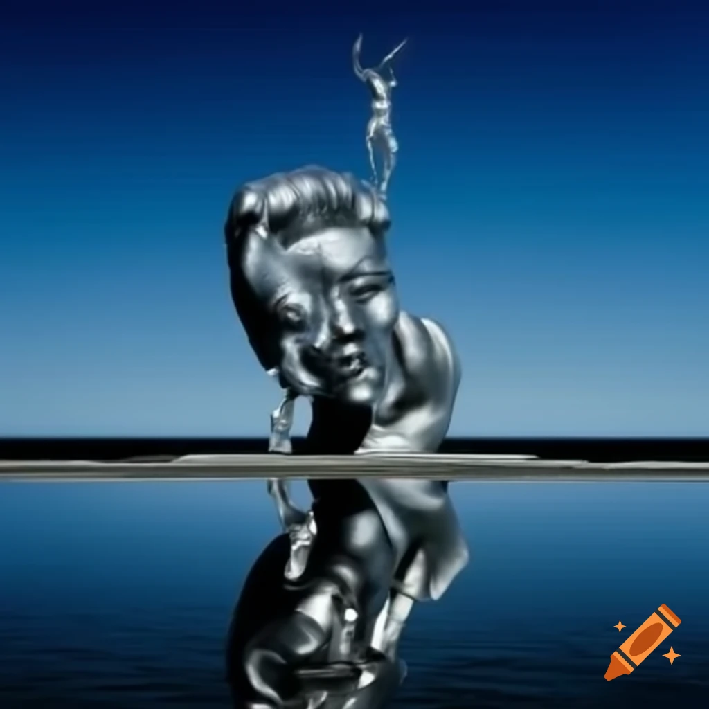 Pop surrealism photography featuring silver statue from the 2000s on