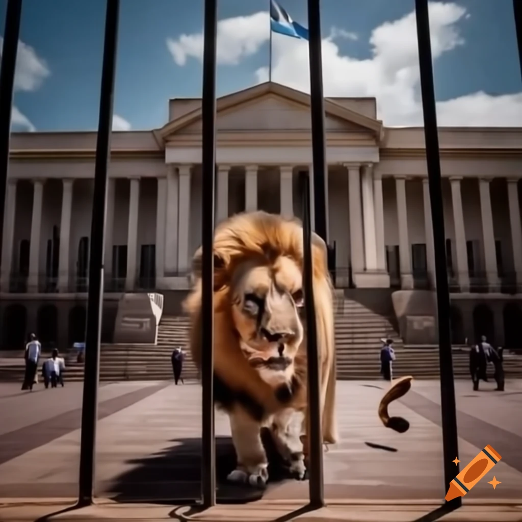 Lion with presidential band and Argentina flag in front of National Congress