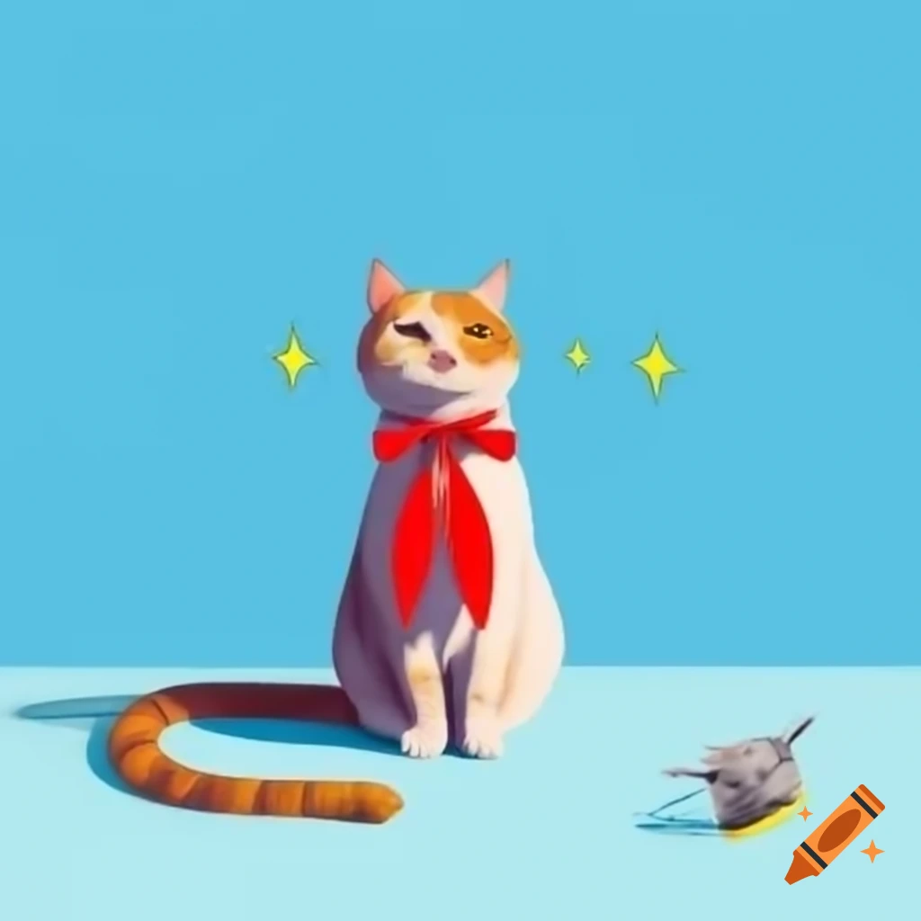 Cat in red bow against pastel blue background with stars