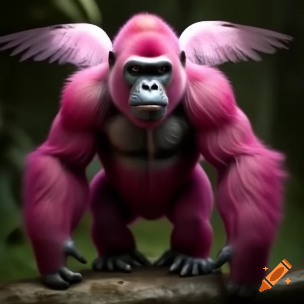Pink gorilla with angel wings and no legs, featuring arms only