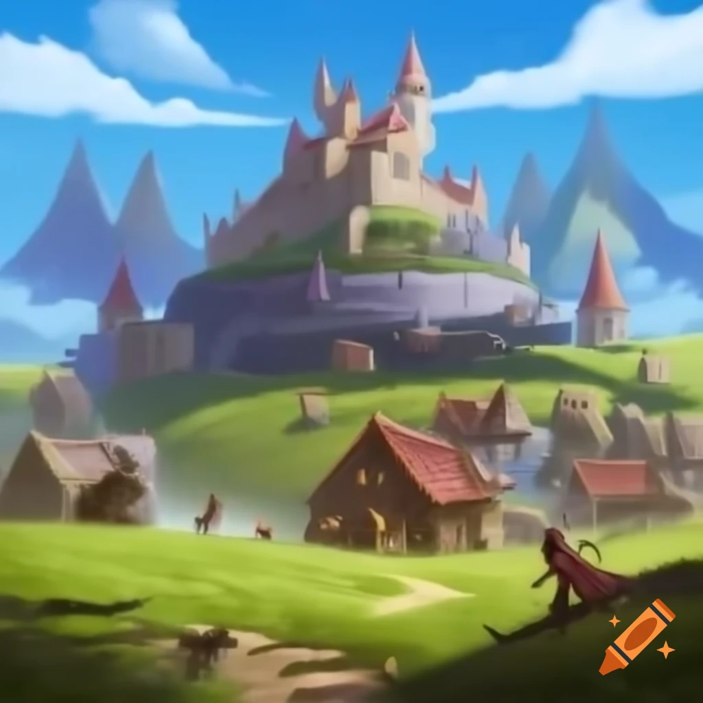 Fantasy kingdom of gnomes with cottages and castle, featuring gnome knights