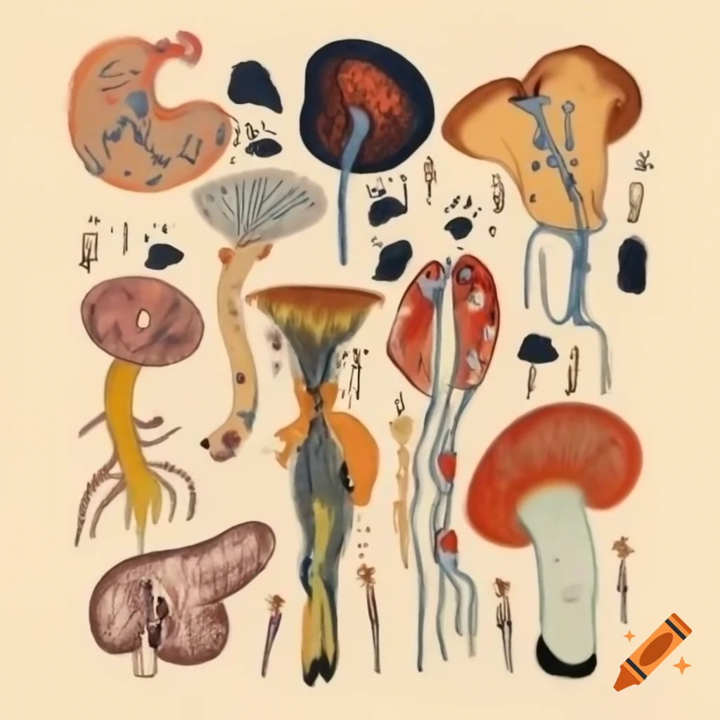 Egon Schiele inspired drawing exploring subconscious, organs, and mushrooms