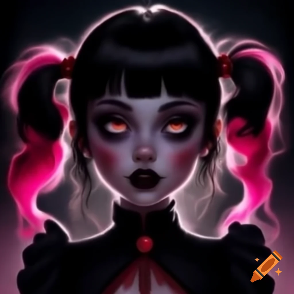 Vampire girl with ponytails and Victorian clothing, realistic style