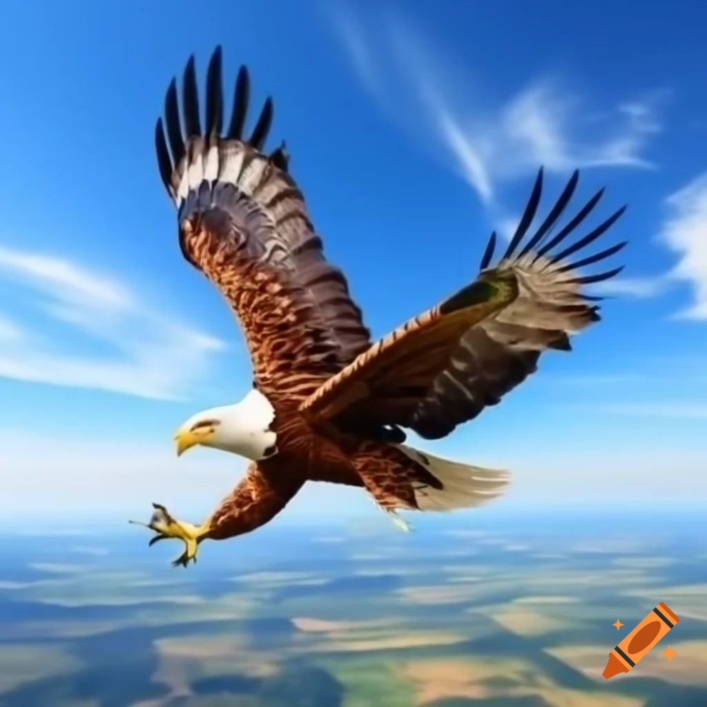 Yellow eagle soaring over Hungarian countryside with outstretched wings