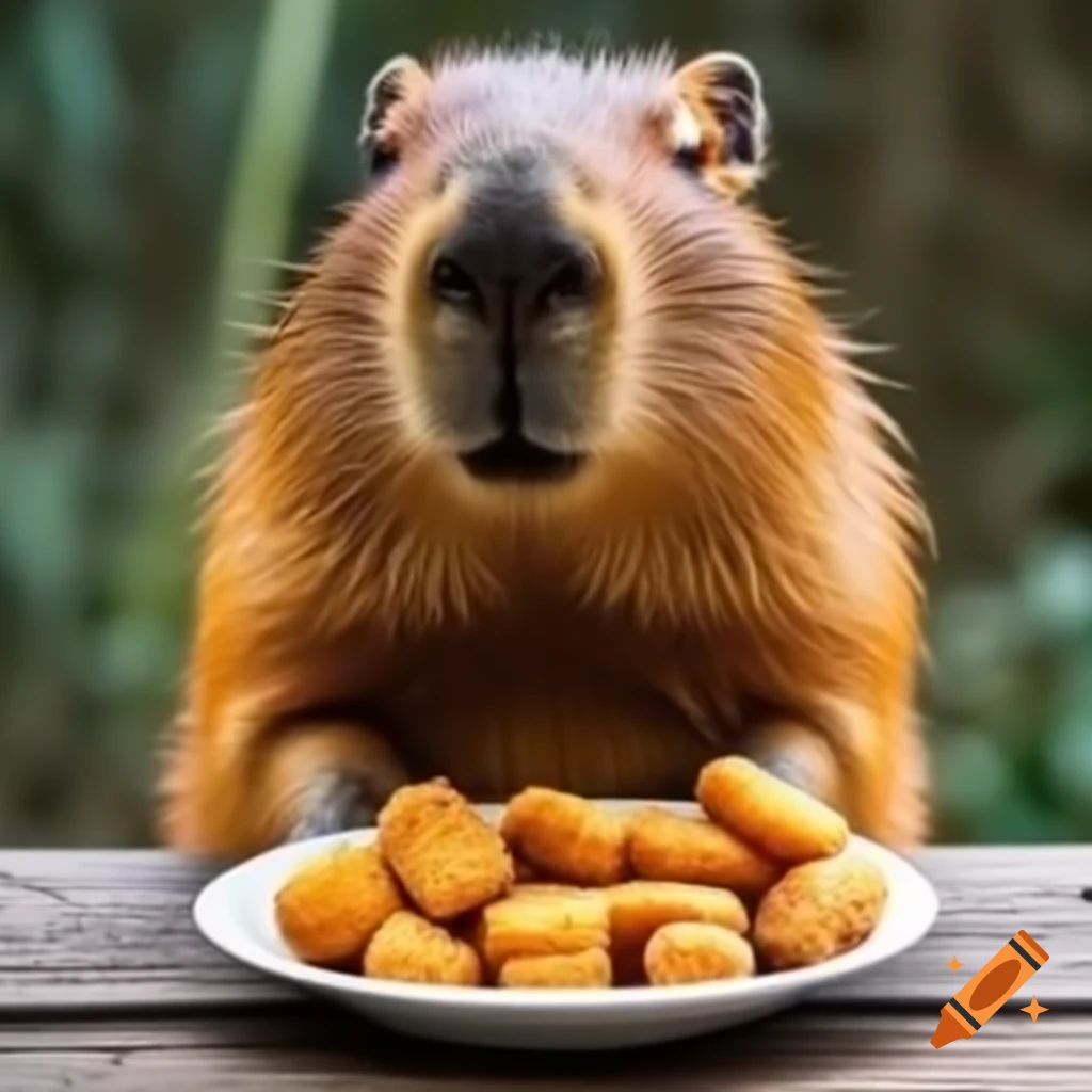 Capybara enjoying crispy chicken nuggets in a natural setting